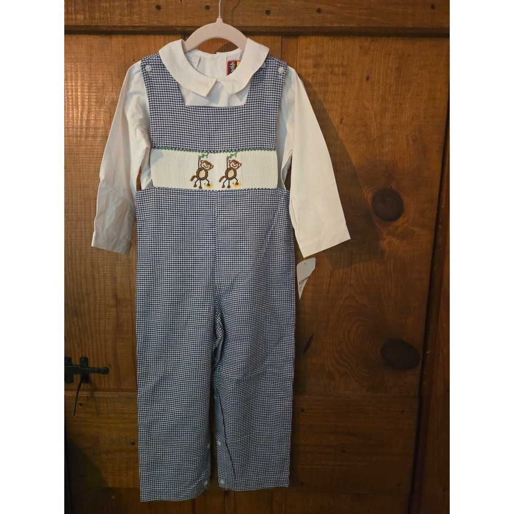 NWT CHOCOLATE SOUP Boys Smocked Monkey Gingham Longall 2 piece Set Blue White 4T
